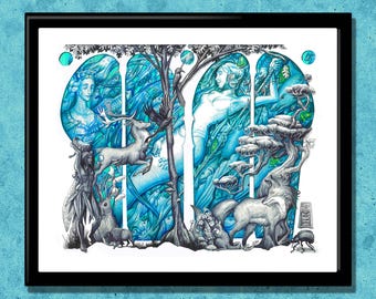 Mermaid's Terrarium Art Print, Mermaid Art, Sea Mermaid Print, Sea creatures and Fish Mermaid Art, Mermaid Cryptid Art, Mermaid Fantasy Art