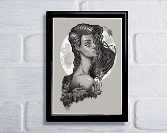 Eternal Moonrise, Vampire Illustration, Pen and Ink Art, Vampire Art, Moon Art, Vampire Print, Woman portrait, Gothic portrait, Gothic vamp