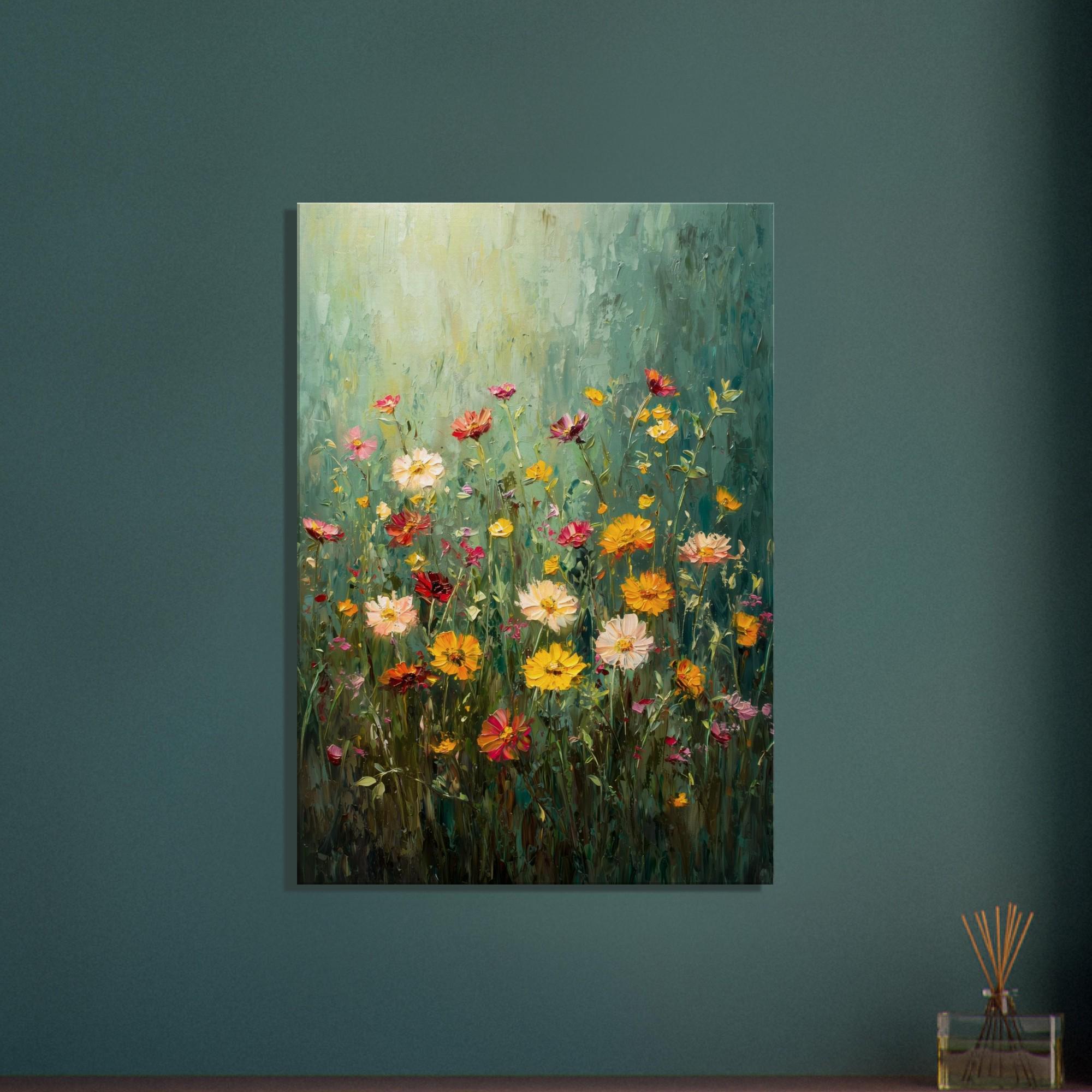 野の花畑の絵画 – 色鮮やかな花のキャンバス | 印象派風の植物画