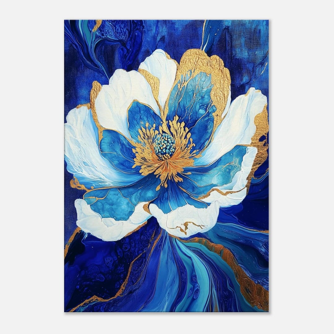 Blue Flower With Gold Accents Canvas Print, Modern Floral Art, Abstract ...