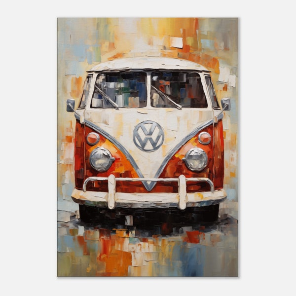 VW Bulli T1 gedruckt auf Leinwand, Pop-Art Wandbild VW Bus Bunter Impasto Canvas Wandbild Wanddecor modern männergeschenke männer geschenk