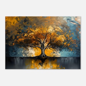Puede incluir: Una pintura de un árbol grande con tronco oscuro y hojas doradas, reflejado en un cuerpo de agua azul oscuro. El fondo es una mezcla de azul, gris y amarillo.