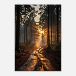 Waldweg im abendlichen Licht gedruckt auf Leinwand, große Wandkunst, Landschaft Wanddekoration,Bäume Sonnennaufgang, Wald Sonnenaufgang
