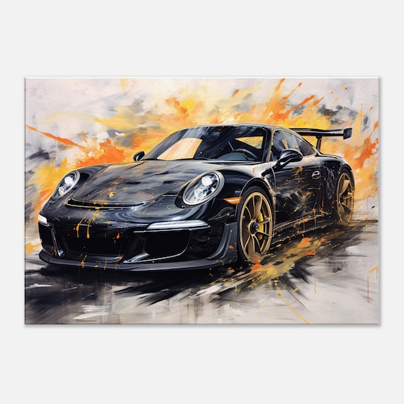 ポルシェ 911 GT3 ブラック キャンバス ポップアート 壁画 カラフル
