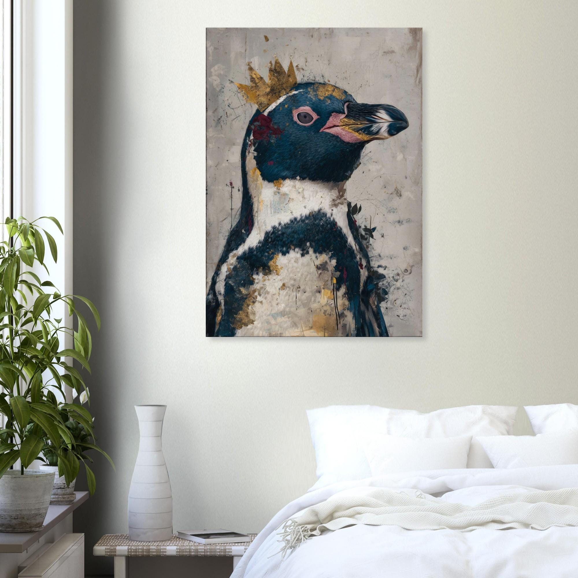 カンムリペンギンのキャンバス画、ペンギンのウォールアート、抽象的な