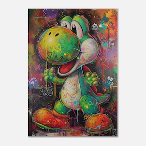 Dino impreso en lienzo, impresión de arte mural pop art, cuadros en lienzo, arte moderno, cuadros de arte, decoración de pared habitación infantil, Nintendo
