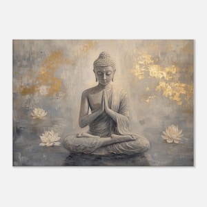 Meditative Buddha Canvas with Lotus Flowers Printed on Canvas, Yoga Wall Art Lotus, Home Gift, Zen Decor, Spiritual Meditation