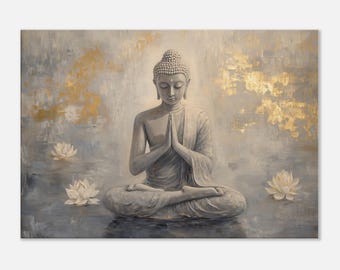 Meditative Buddha Canvas with Lotus Flowers Printed on Canvas, Yoga Wall Art Lotus, Home Gift, Zen Decor, Spiritual Meditation
