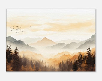 May include: A watercolor painting of a mountain range with a forest in the foreground. The sky is a soft orange and yellow, and the mountains are a muted blue and green. The forest is a dark brown and green, and there are birds flying in the sky.