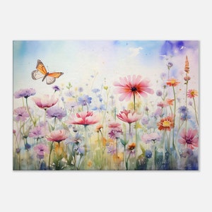 Aquarelle colorée, prairie fleurie, imprimée sur toile, art mural, champ de fleurs, aquarelle, design floral moderne, décoration d&#39;intérieur, impression, art mural