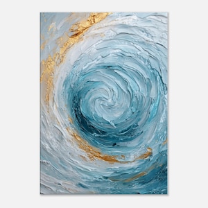 May include: Abstract painting of a swirling blue and gold vortex. The painting has a textured, impasto style.