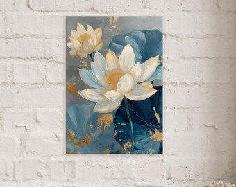 金と青の蓮のキャンバス、静寂のキャンバス · 花の絵画 · 豪華な花の絵