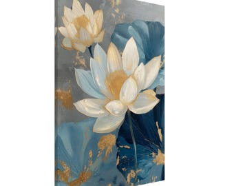 金と青の蓮のキャンバス、静寂のキャンバス · 花の絵画 · 豪華な花の絵