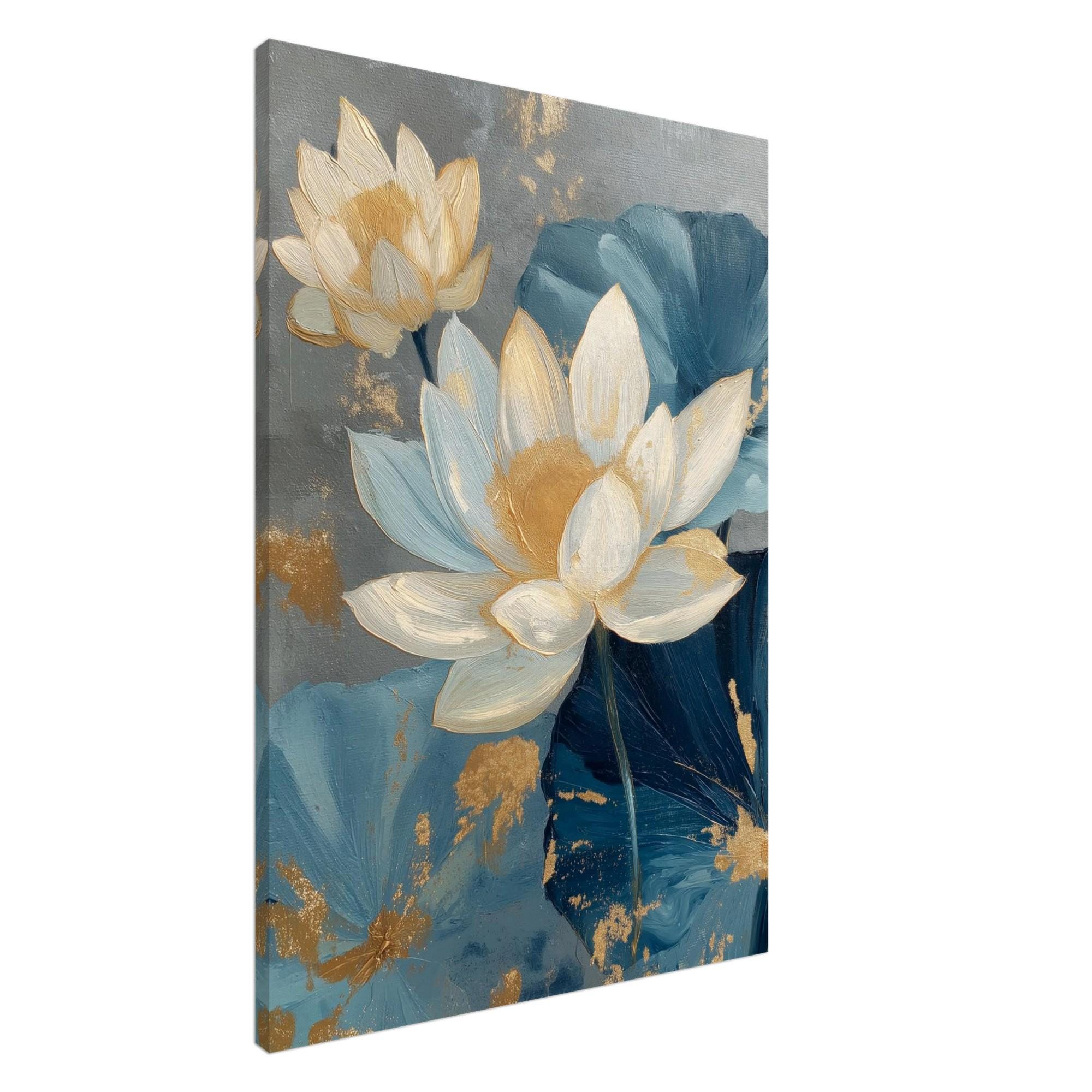 金と青の蓮のキャンバス、静寂のキャンバス · 花の絵画 · 豪華な花の絵