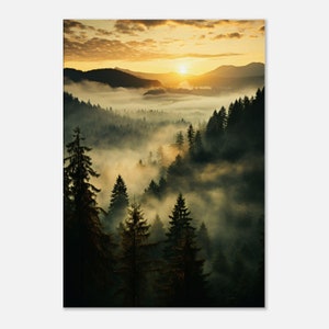 Forêt avec brouillard au lever du soleil imprimé sur toile, grand art mural, décoration murale paysagère, arbres pleins de brouillard,