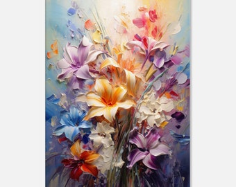 Colorful flowers printed on canvas, bouquet wall art, beautiful floral art, colorful wall decoration, wall design