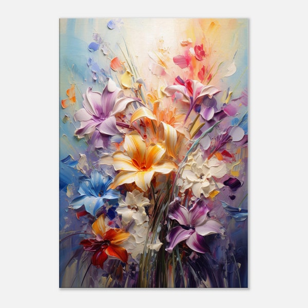 Fleurs colorées imprimées sur toile, art mural bouquet, bel art floral, décoration murale colorée, design mural
