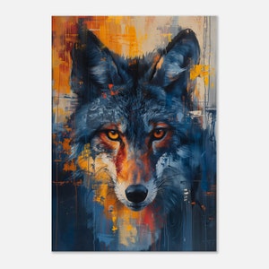 Canvasprint van een wolfportret, motiverende foto als wanddecoratie, popartschilderij, kleurrijk canvasprint, olieverf, decoratie voor aan de muur.