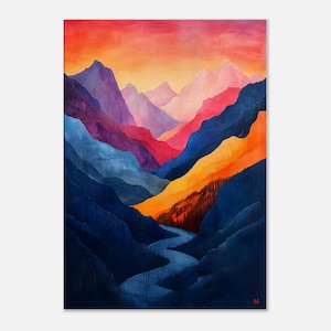 Abstract mountain landscape in bright colors printed on canvas, modern wall art, abstract wall decoration living room, colorful wall picture