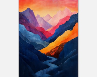 Abstract mountain landscape in bright colors printed on canvas, modern wall art, abstract wall decoration living room, colorful wall picture