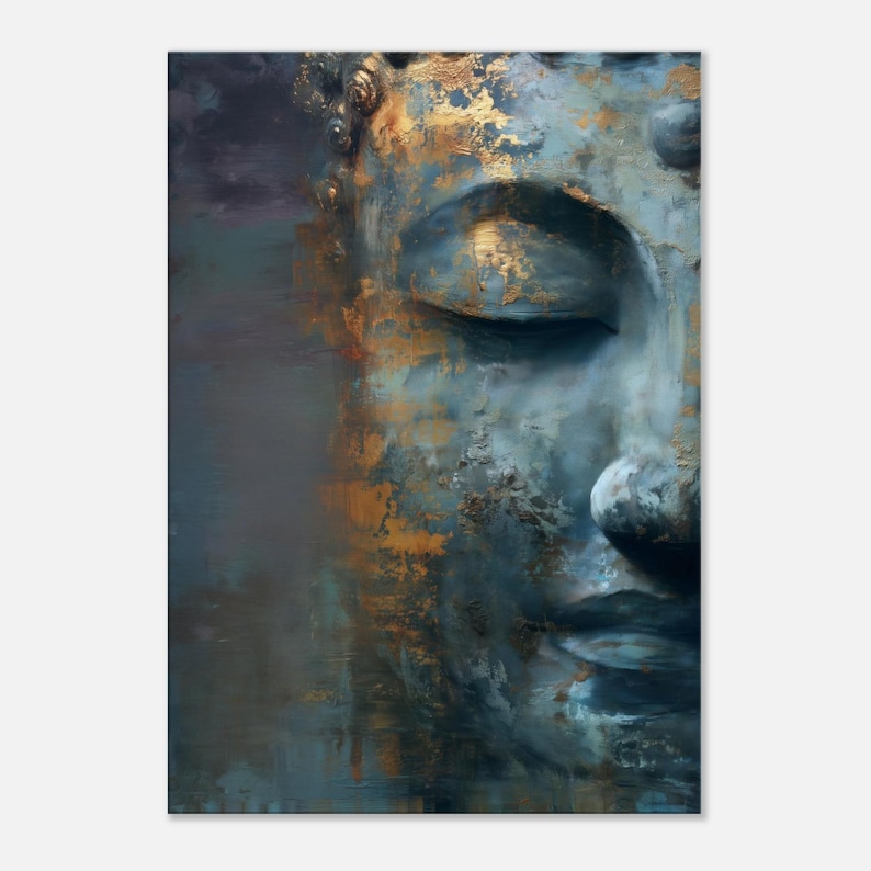 Buddha wall art in gold and blue, Zen art, Buddha canvas print, Buddha paintings for living room, abstract wall art image 1