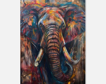 May include: A colorful abstract painting of an elephant's head with a textured background. The elephant's trunk is long and curved, and its eyes are large and expressive. The painting is done in a variety of colors, including blue, green, yellow, and red.