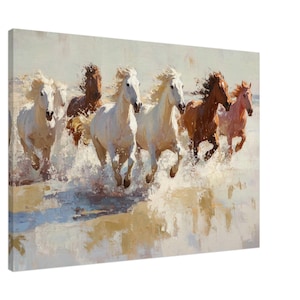 Galloping wild horses on the beach printed on canvas, abstract animal art print, wild animal painting print, horse canvas wall art,