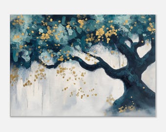 May include: Abstract painting of a tree with blue and green foliage and gold accents. The tree branches are thick and the background is a light blue and white.