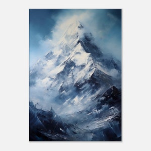 Puede incluir: Una pintura de un pico de montaña cubierto de nieve con un cielo azul y nubes en el fondo.