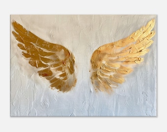 Golden angel wings printed on canvas, Religious wall decoration, Wall art gold, Elegant wall decoration, Spiritual canvas art, Wall decor