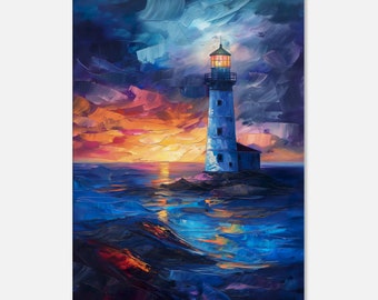 Dramatische Leuchtturm auf Leinwand gedruckt, Küsten Malerei, Wandkunst Ozean, farbenfrohe Kunnst, Seelandschaft, Leinwanddruck