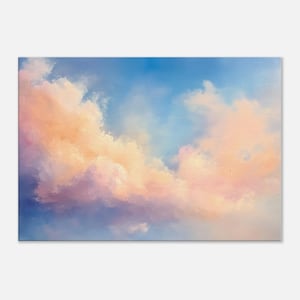 May include: A painting depicting a gentle, pink and blue sky with fluffy clouds. The clouds are a pale pink colour and are arranged in a horizontal line across the sky. The sky is a light blue colour and fades to a darker blue at the top of the image.