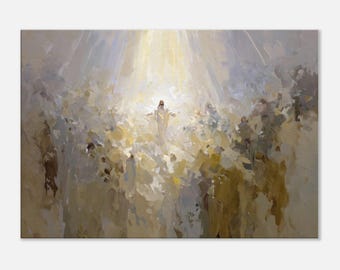 Op de afbeelding: Een schilderij dat een figuur in witte gewaden toont die in een helder licht staat, omringd door een menigte mensen. De scène is geschilderd in een losse, impressionistische stijl met gedempte kleuren.