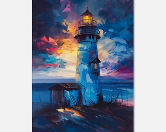 Colourful lighthouse printed on canvas, sunset art, coastal wall art, nautical painting, seascape ocean