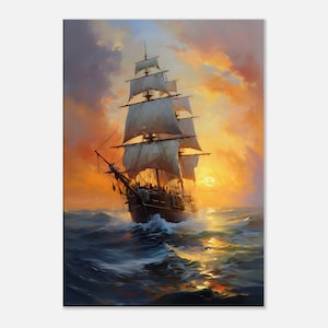 May include: A tall sailing ship with white sails is sailing on the ocean at sunset. The sky is a vibrant orange and yellow, and the water is a deep blue.