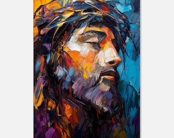 May include: An oil painting depicting a man with closed eyes, wearing a crown of thorns. The artwork uses a vibrant palette of orange, blue, and purple, with visible brushstrokes. The subject has a beard and is shown in a contemplative pose.