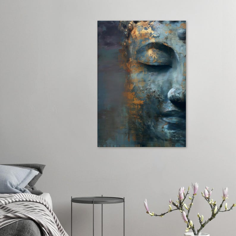 Buddha wall art in gold and blue, Zen art, Buddha canvas print, Buddha paintings for living room, abstract wall art image 4