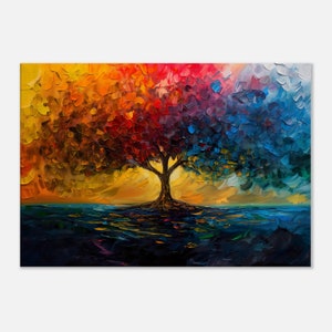 May include: An abstract painting of a tree with a thick trunk and branches painted in shades of yellow, orange, red, purple, blue, and green. The tree is set against a background of a dark blue body of water.
