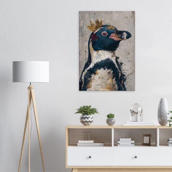 カンムリペンギンのキャンバス画、ペンギンのウォールアート、抽象的な