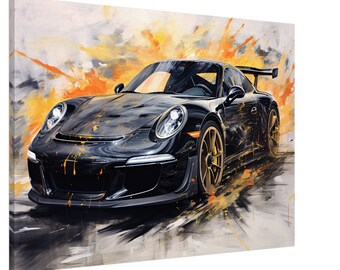 Porsche 911 GT3 Black Canvas Pop Art Wall Picture Colorful Porsche