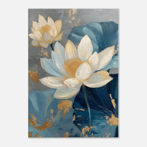 金と青の蓮のキャンバス、静寂のキャンバス · 花の絵画 · 豪華な花の絵