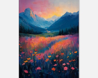Vibrant mountain landscape at sunset canvas print, colorful wall art, modern wall decor, mountain wall art