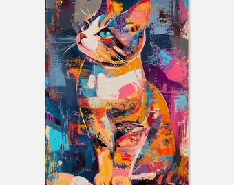 抽象的な猫の肖像画キャンバスプリント、抽象的なポップアート、猫のアートプリント、猫の壁アート、猫の壁飾り
