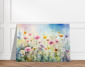 Flower meadow wall picture in watercolors - canvas picture cornflowers decorative art print watercolor with nature motif flowers paintings, wildflowers