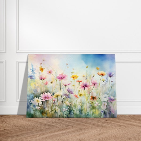 Blumenwiese Wandbild in Wasserfarben - Leinwand Bild Kornblumen Deko- Kunstdruck Aquarell mit Natur Motiv Blumen Gemälde, Wildblumen