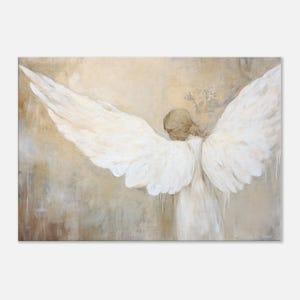 May include: A painting of an angel with large white wings, the angel is facing away from the viewer with their back to the camera. The angel is wearing a white gown and has long blonde hair. The background is a soft beige colour with subtle brushstrokes.