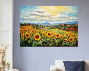 ひまわり畑のキャンバス、ひまわりの壁アート、油絵、アートプリント