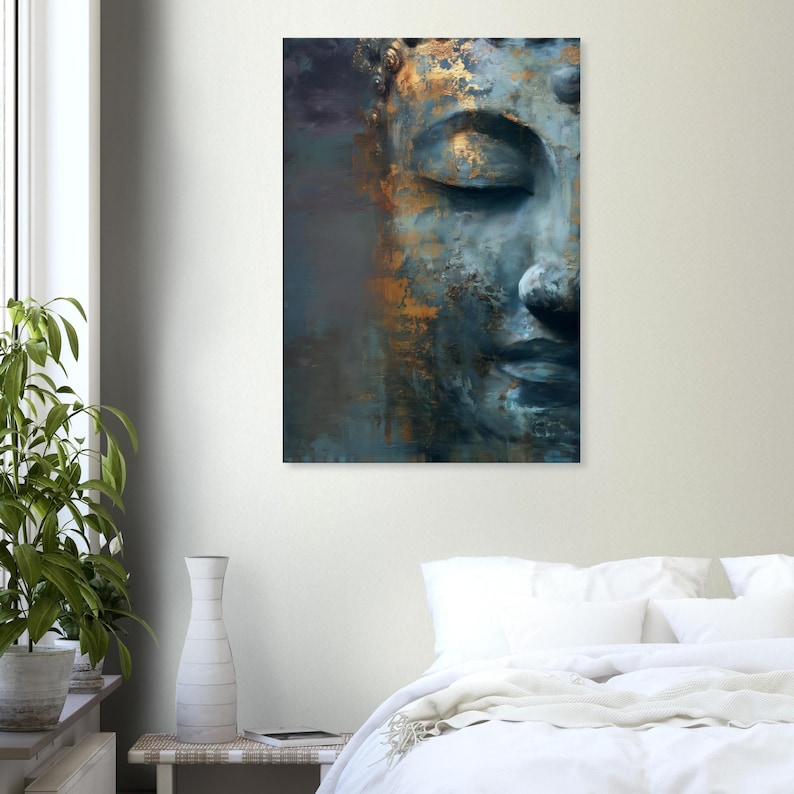 Buddha wall art in gold and blue, Zen art, Buddha canvas print, Buddha paintings for living room, abstract wall art image 5