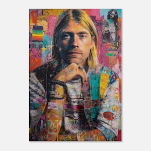 May include: A vibrant portrait of a man with long blonde hair, blue eyes, and a contemplative expression. The artwork features a colorful, abstract background with graffiti-style elements and a secondary figure. The man is wearing a jacket with colorful patches.