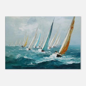 Wydruk na płótnie z żaglówką – obraz olejny przedstawiający regaty morskie, pejzaż nadmorski i morski, wystrój domu w stylu marynistycznym